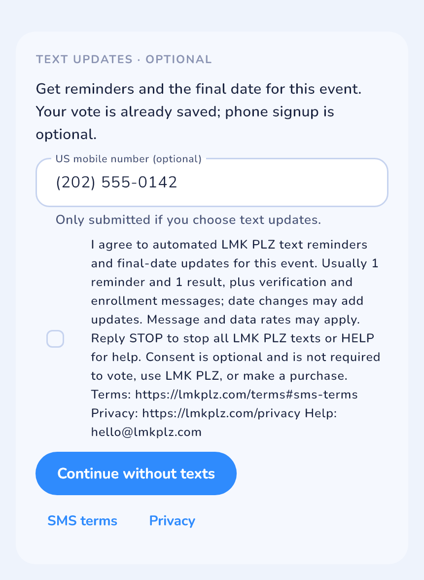 Filled phone number and unchecked optional SMS consent, with Continue without texts enabled