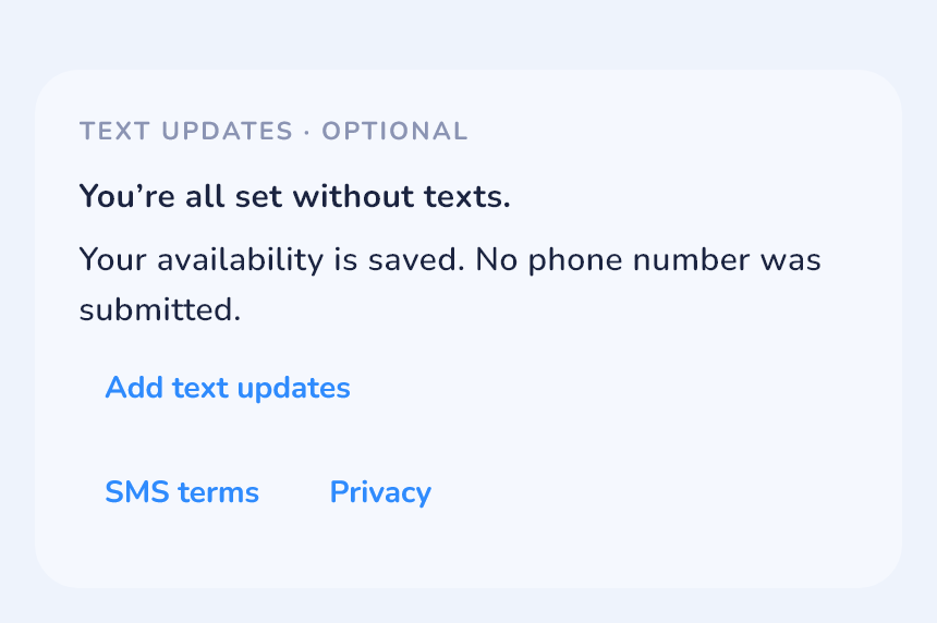Confirmation that availability is saved without texts and no phone number was submitted