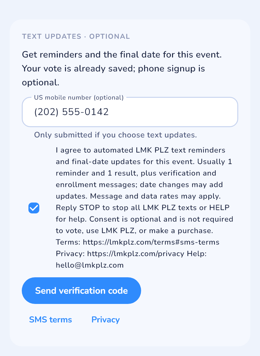 Filled phone number with SMS consent checked and Send verification code enabled