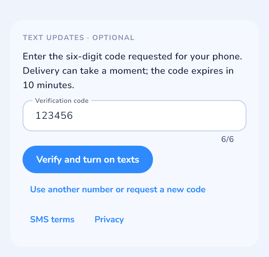 Six-digit example verification code and Verify and turn on texts action